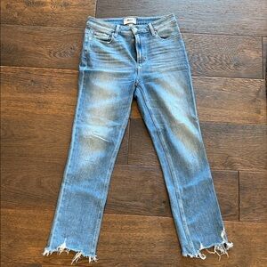 PAIGE Light Blue Cropped Straight Jeans with Frayed Hem